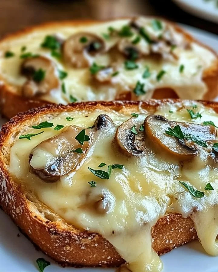 Gourmet cheesy mushroom toasts topped with garlic and herbs