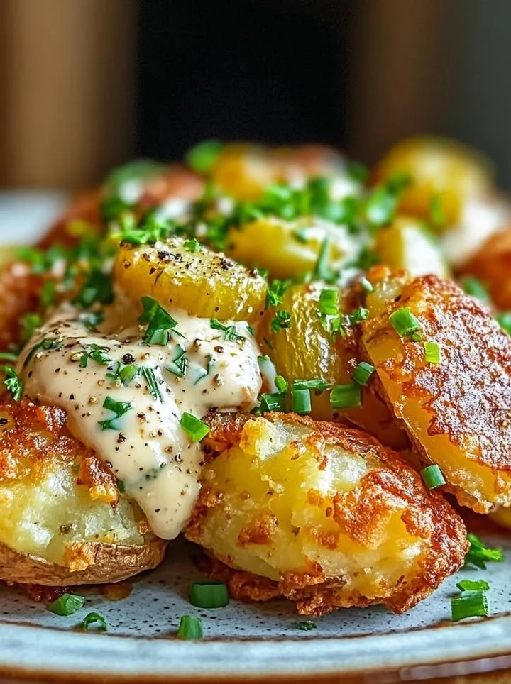 Gourmet smashed potatoes with creamy herb sauce served in a stylish dish