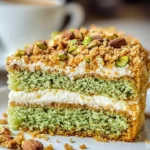 Slice of Grandma's secret pistachio almond coffee cake served on a plate