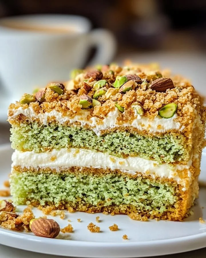 Slice of Grandma's secret pistachio almond coffee cake served on a plate
