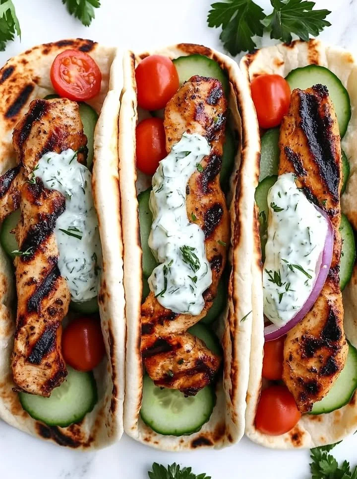 Delicious Greek Chicken Gyros served with creamy cucumber tzatziki sauce