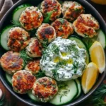 Plate of Greek chicken meatballs served with homemade tzatziki sauce