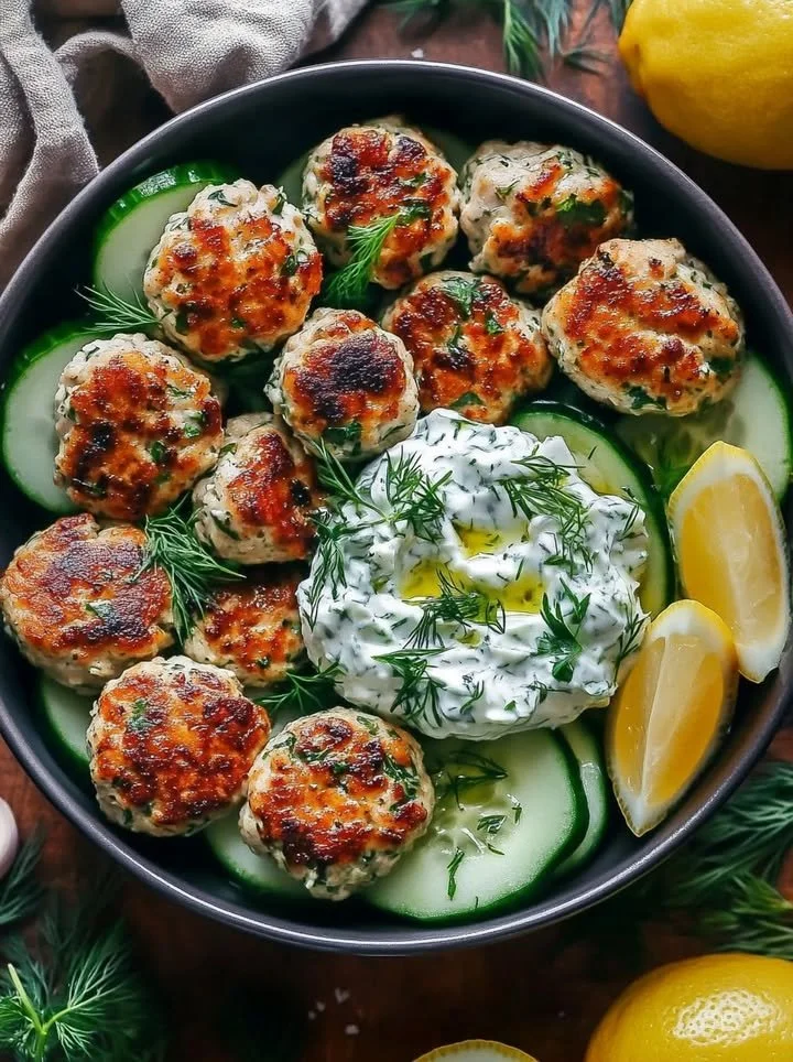 Plate of Greek chicken meatballs served with homemade tzatziki sauce