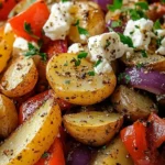 Plate of Greek roasted potatoes with colorful peppers and crumbled feta cheese