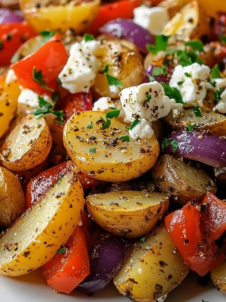 Plate of Greek roasted potatoes with colorful peppers and crumbled feta cheese