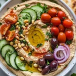 Greek-style loaded hummus topped with fresh vegetables and spices