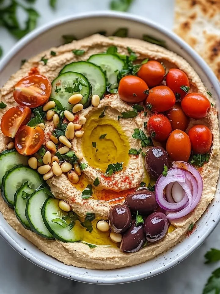 Greek-style loaded hummus topped with fresh vegetables and spices