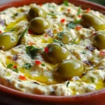 Creamy green olive and feta cheese dip served in a bowl