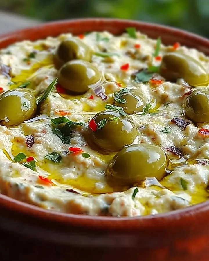 Creamy green olive and feta cheese dip served in a bowl
