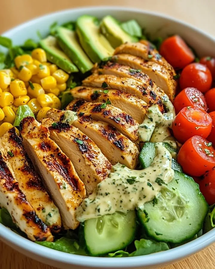 Grilled chicken and avocado salad bowl featuring fresh greens and colorful veggies