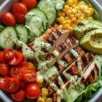 Healthy grilled chicken and avocado salad bowl with fresh ingredients