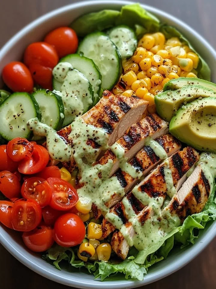 Healthy grilled chicken and avocado salad bowl with fresh ingredients