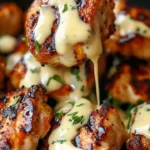 Grilled chicken bites served with a creamy garlic sauce on a plate
