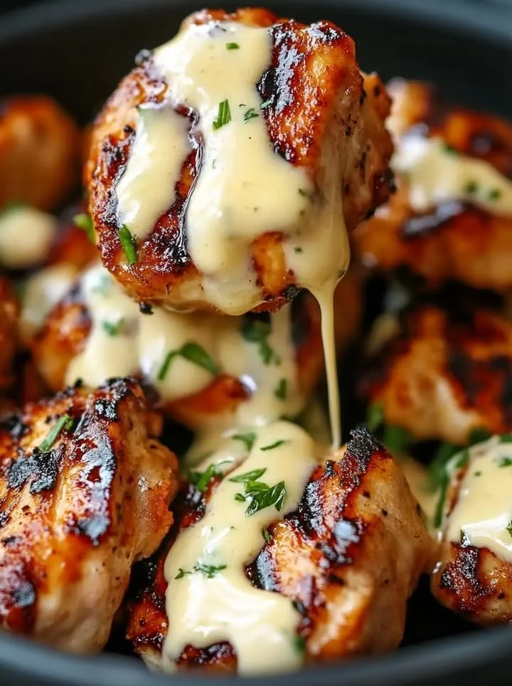 Grilled chicken bites served with a creamy garlic sauce on a plate