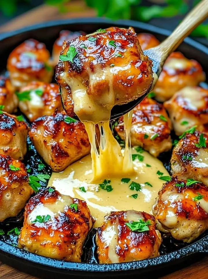 Grilled chicken bites garnished with creamy garlic sauce on a plate