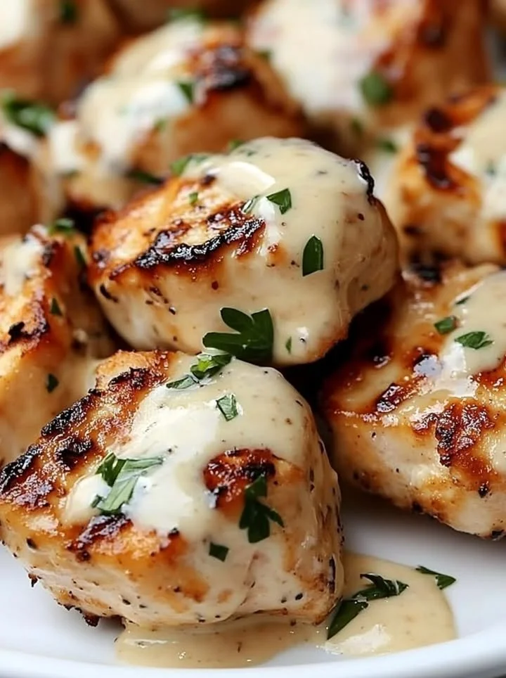 Plate of grilled chicken bites with creamy garlic sauce served with fresh herbs