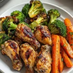 Grilled chicken wings served with roasted broccoli and carrots on a plate