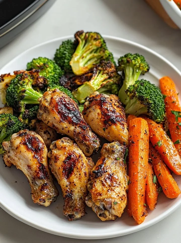 Grilled chicken wings served with roasted broccoli and carrots on a plate