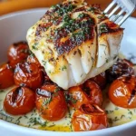 Grilled cod fillet served with roasted tomatoes and creamy dill sauce
