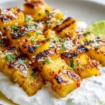 Grilled pineapple skewers with chili-lime glaze served with coconut yogurt