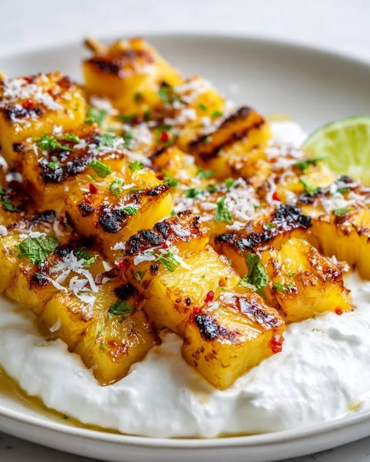 Grilled pineapple skewers with chili-lime glaze served with coconut yogurt