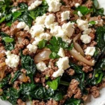 Ground beef and spinach skillet topped with feta cheese in a skillet dish