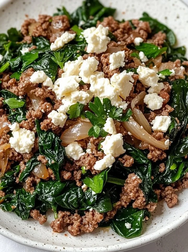 Ground beef and spinach skillet topped with feta cheese in a skillet dish