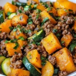 Ground beef zucchini skillet with sweet potatoes for a healthy meal.