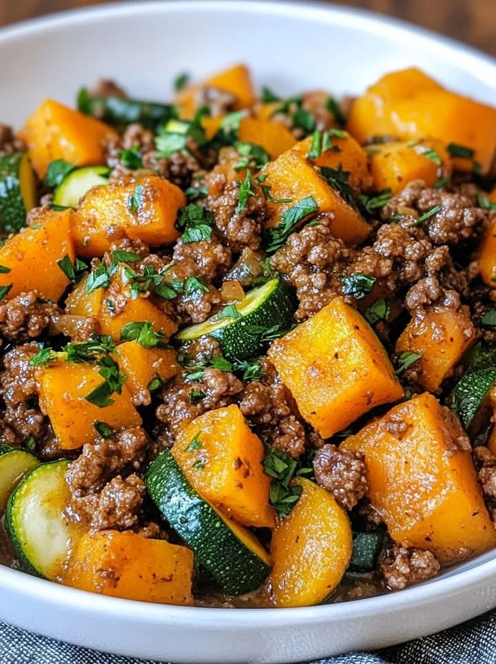 Ground beef zucchini skillet with sweet potatoes for a healthy meal.