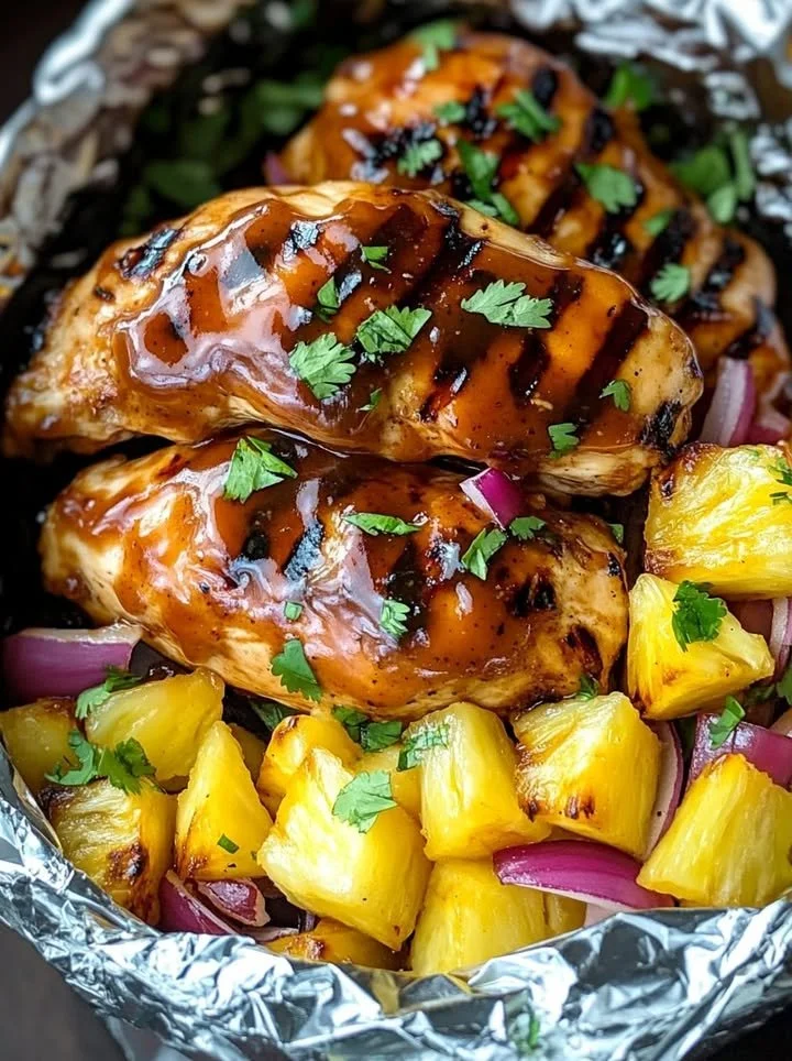 Hawaiian BBQ Chicken and Pineapple foil packets on a grill