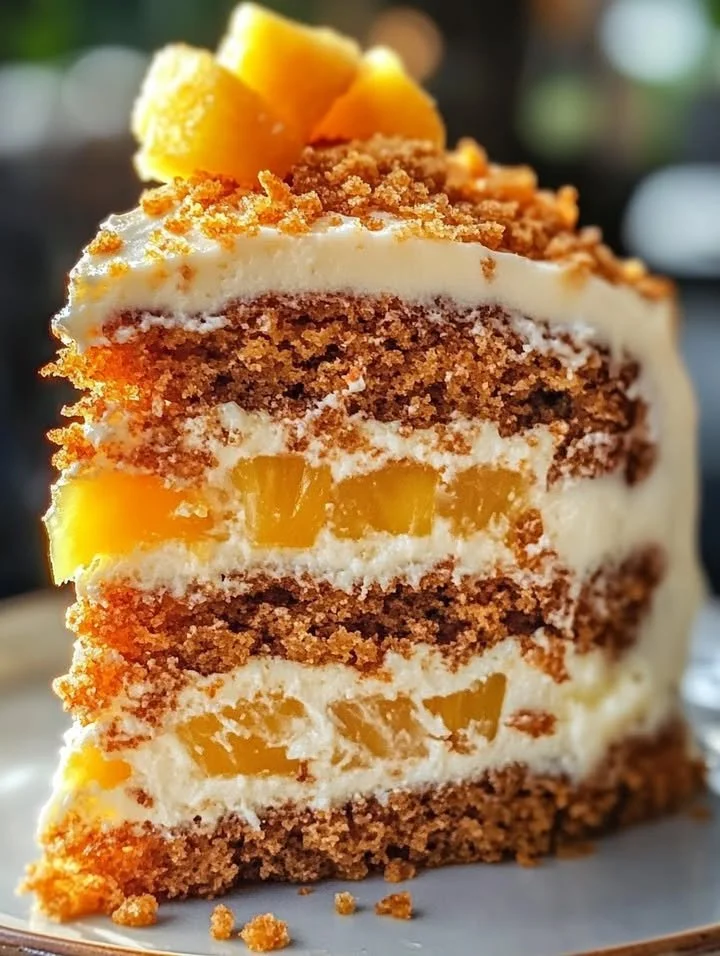 Hawaiian Carrot Pineapple Cake topped with cream cheese frosting and garnished with pineapple.