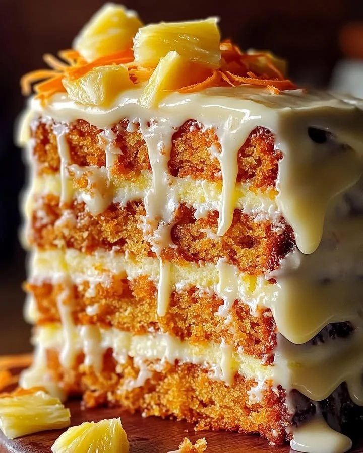 Slice of Hawaiian Carrot Pineapple Cake with tropical flavors