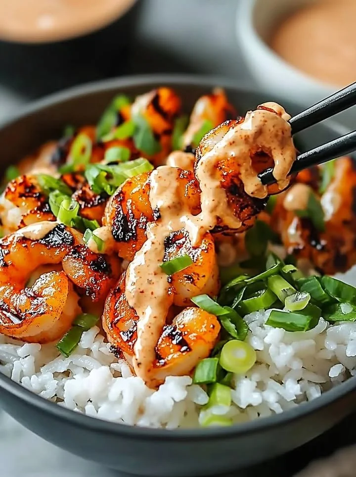 Hawaiian shrimp poke bowl with Sriracha mayo and fresh toppings