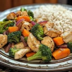 Healthy chicken stir-fry with fresh vegetables and served over rice