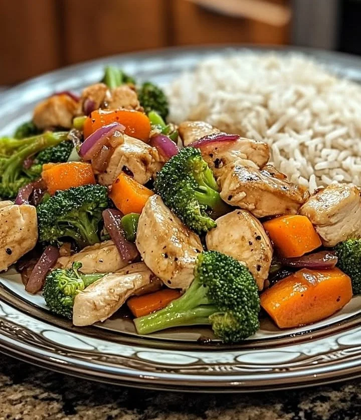 Healthy chicken stir-fry with fresh vegetables and served over rice