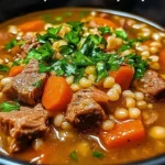 Bowl of hearty beef and barley soup with vegetables and herbs