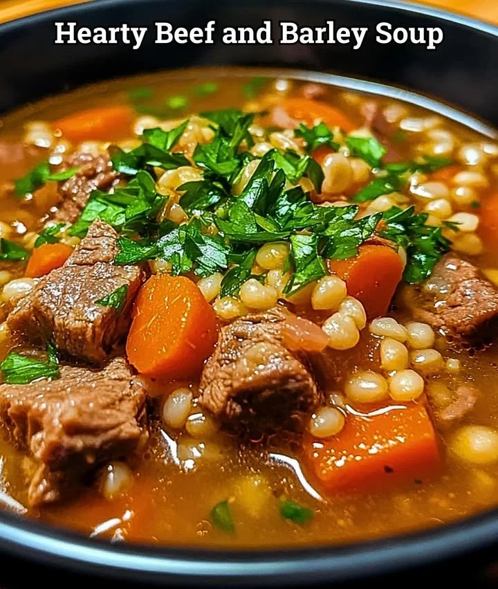 Bowl of hearty beef and barley soup with vegetables and herbs