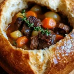 Hearty beef stew served in delicious bread bowls, ideal for a cozy meal.