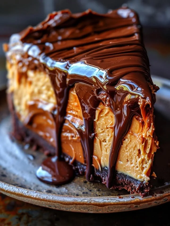 Heavenly chocolate peanut butter ooey gooey cake slice on a plate
