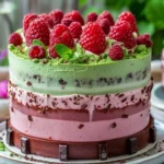 Heavenly Raspberry Chocolate Mousse Cake topped with fresh raspberries and chocolate shavings