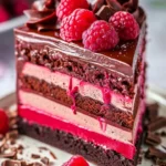 Heavenly Raspberry Chocolate Mousse Cake with chocolate drizzle and fresh raspberries