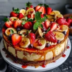 Heavenly strawberry banana cheesecake topped with fresh fruit