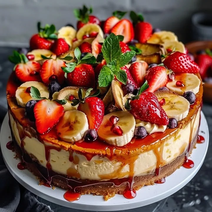Heavenly strawberry banana cheesecake topped with fresh fruit