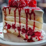 Delicious white chocolate raspberry cake topped with fresh raspberries and white chocolate shavings.