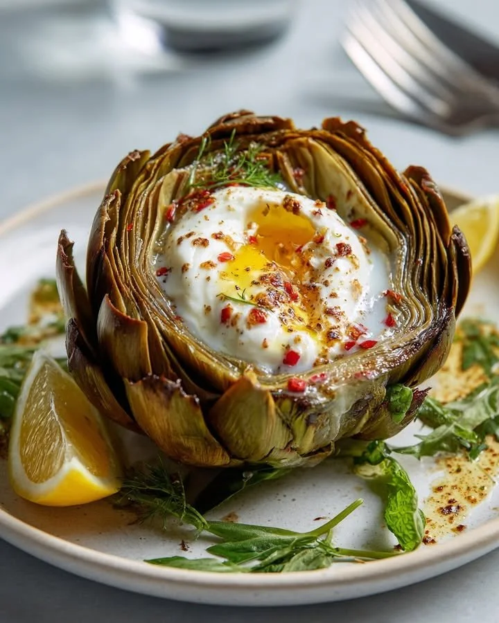 Hidden Heart Roasted Artichoke with Molten Burrata Core dish presentation
