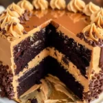 Homemade chocolate peanut butter cake with creamy frosting and chocolate drizzle.
