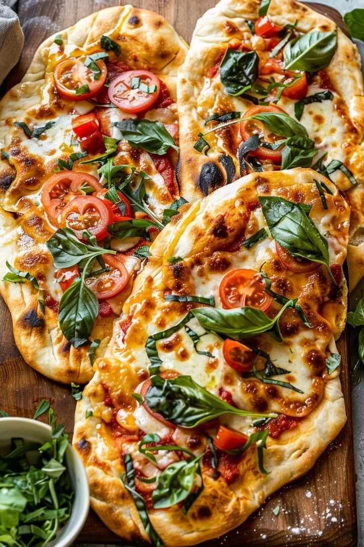 Homemade flatbread pizza with fresh vegetables and melted cheese
