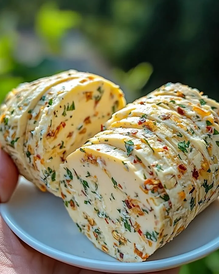 Homemade flavored butter with herbs and spices in a bowl.
