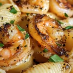 Baked Honey Garlic Shrimp Pasta Shells topped with herbs and cheese
