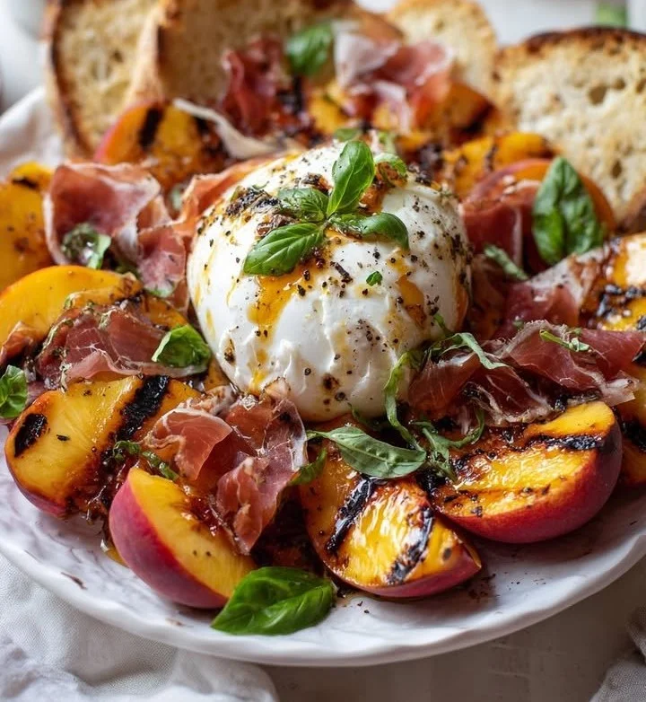 Hot Honey & Peach Burrata Platter with Crispy Prosciutto served on a wooden board